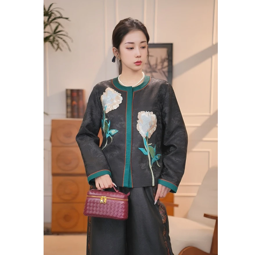 【挽颜】新中式中国风黑色香云纱定位刺绣新中式外套