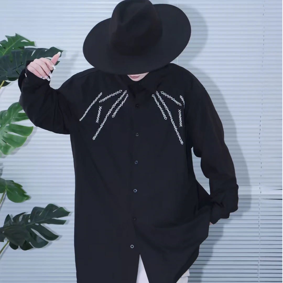 艺遇日系山本风休闲春夏秋冬四季通用百搭刺绣宽松长款黑色衬衣