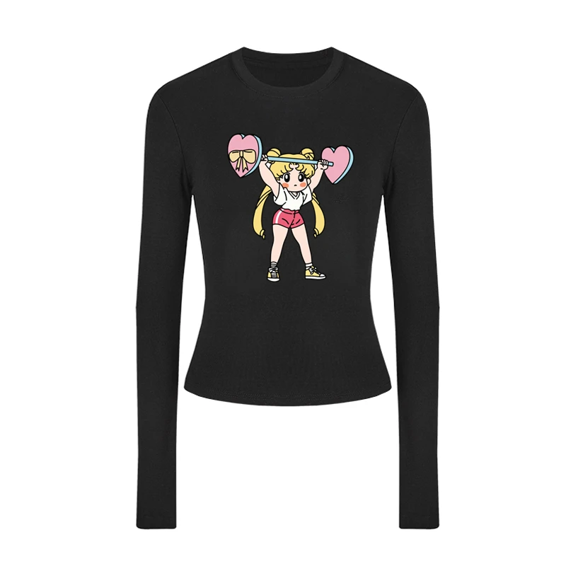 美少女圆领健身T恤长袖运动休闲上衣高弹力吸汗透气秋冬