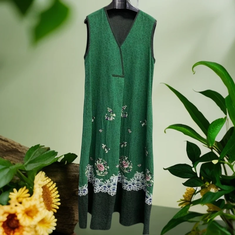 【娇娇美娇】娑尔100桑蚕丝绿色团花刺绣香云纱连衣裙SG2LG01409