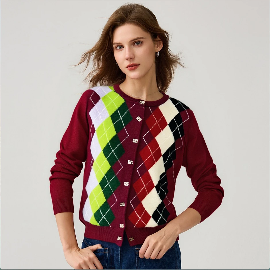 秋冬上新100%绵羊毛气质菱形格女式羊毛衫25DAK1043