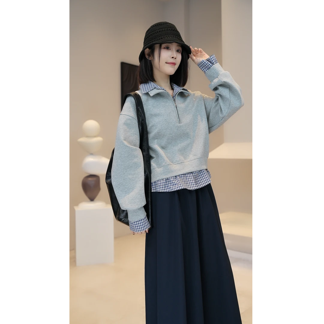 2.20【YUE YUE】复古假两件格子拼接卫衣微胖设计感小众显瘦上衣A43