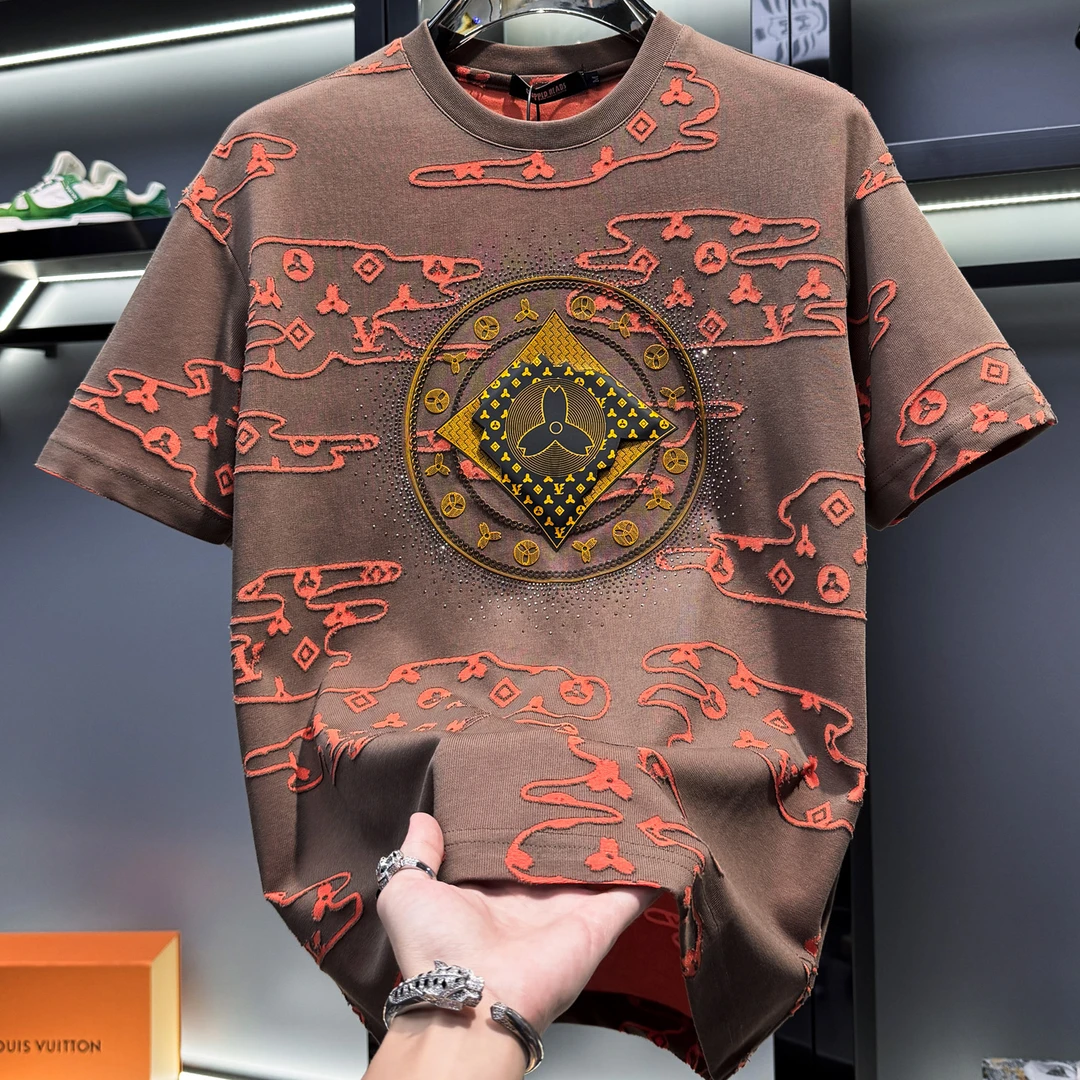 男士高端烧花烫钻时尚短袖t恤2025新款夏季宽松欧货轻奢潮牌半袖