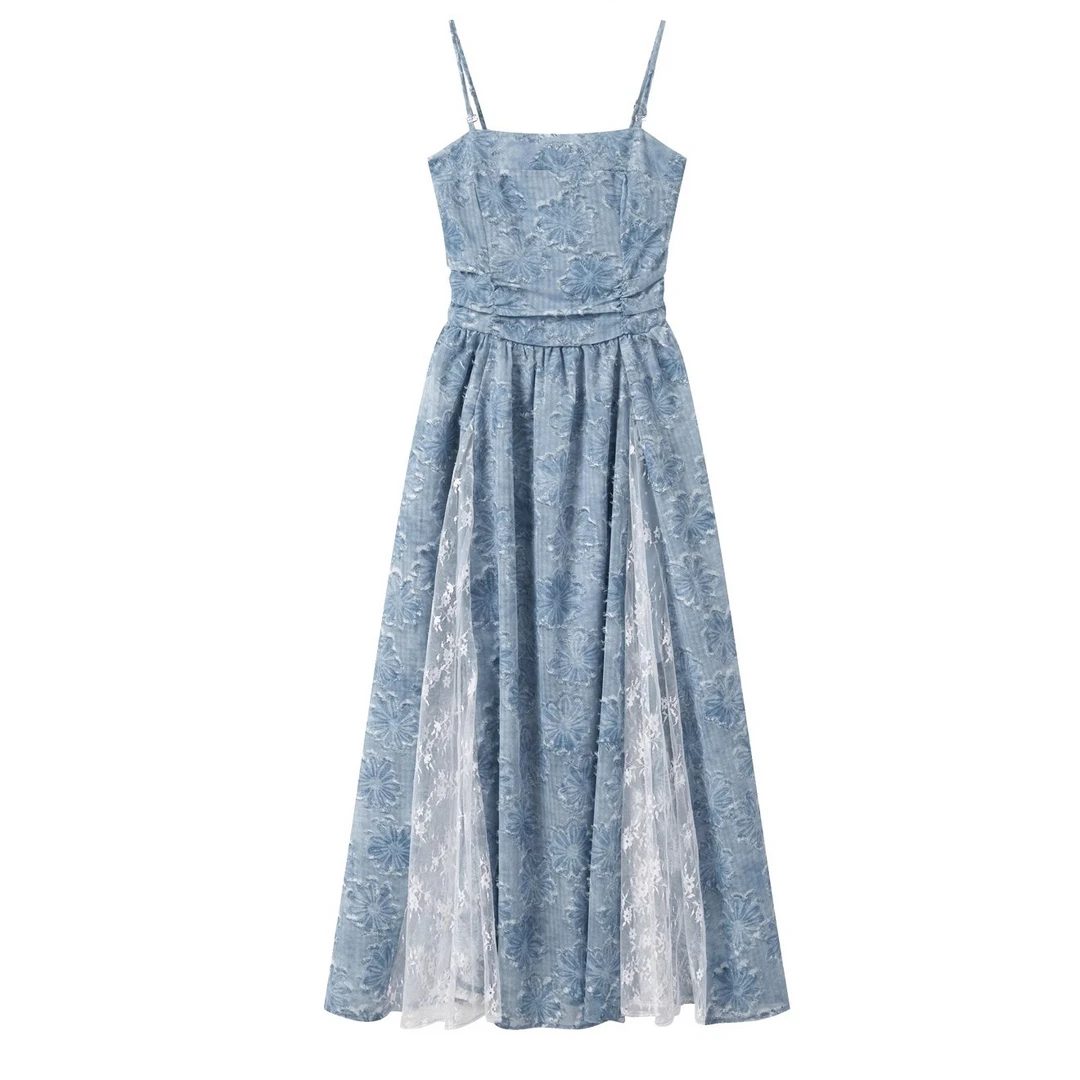 羊城故事-法式蕾丝拼接抹胸吊带连衣裙蓝色花朵收腰长裙x1129-5