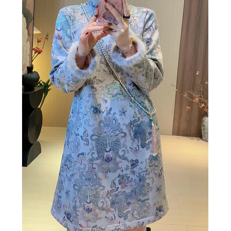 新中式国风加绒加厚长袖毛毛网红旗袍裙连衣裙裙子女