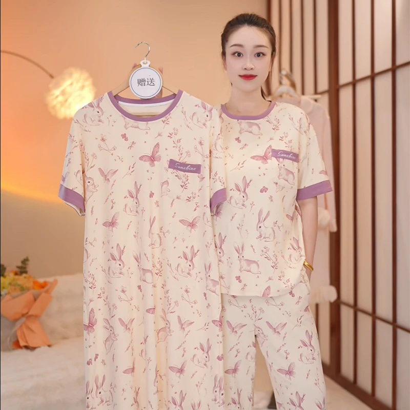 新品纯棉【优雅兔～拍一发三】短袖长裤舒适家居服套装可外穿