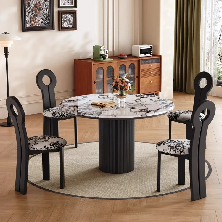 法式家用复古现代奶油风简约圆形餐桌宝格丽微晶石岩板小户型饭桌