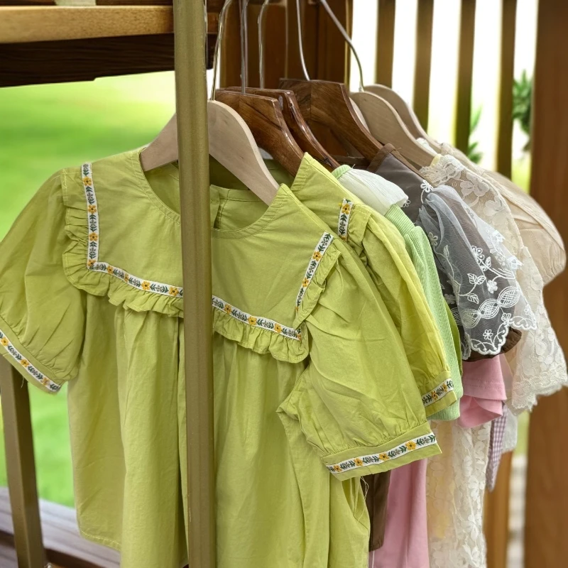 上衣少女短袖夏季宝宝纯色夏款衬衫休闲风女女宝日韩