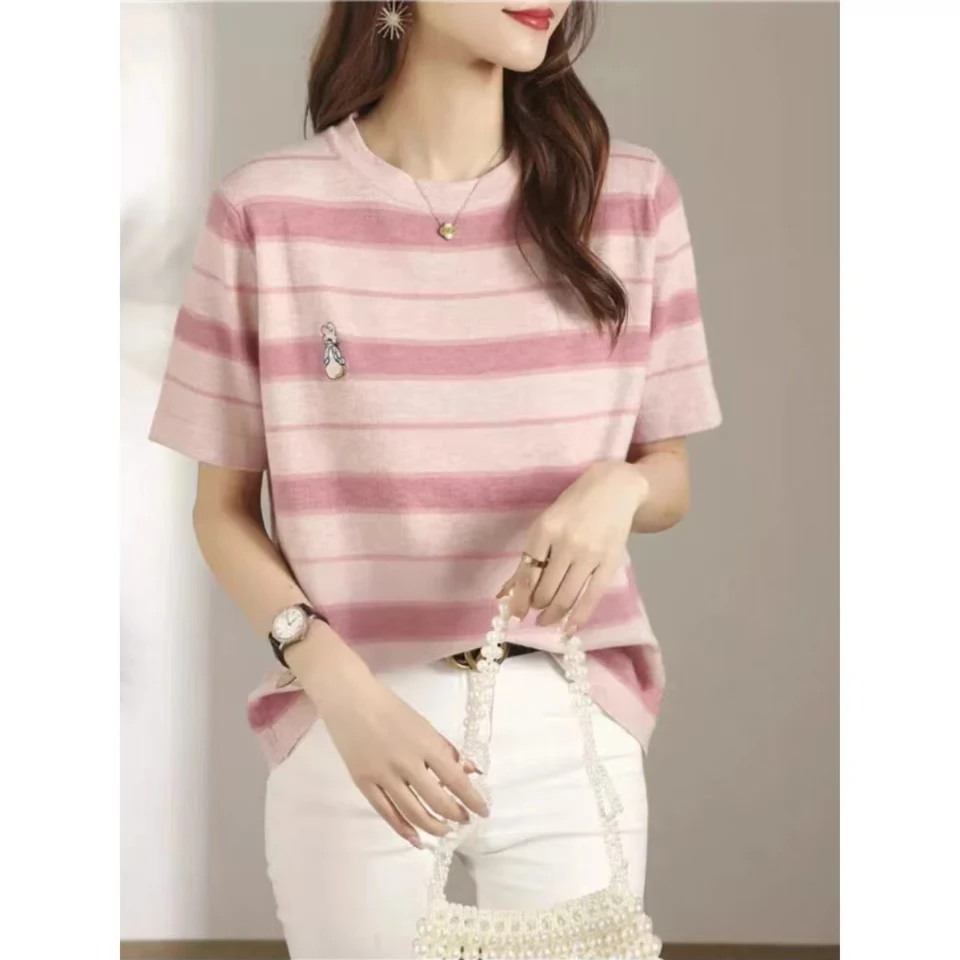 粉条纹兔子刺绣短袖T