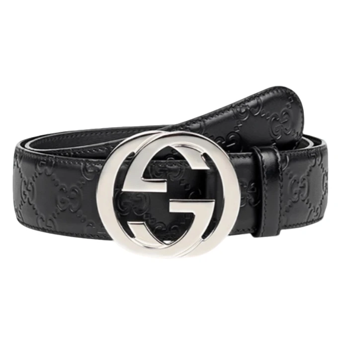 99新 GUCCI/古驰 银色双G扣头黑色压花腰带宽4cm经典百搭商务休闲