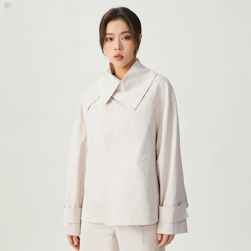 哥弟新款女装时髦设计感斜门襟翻领长袖拉链风衣休闲外套1400712