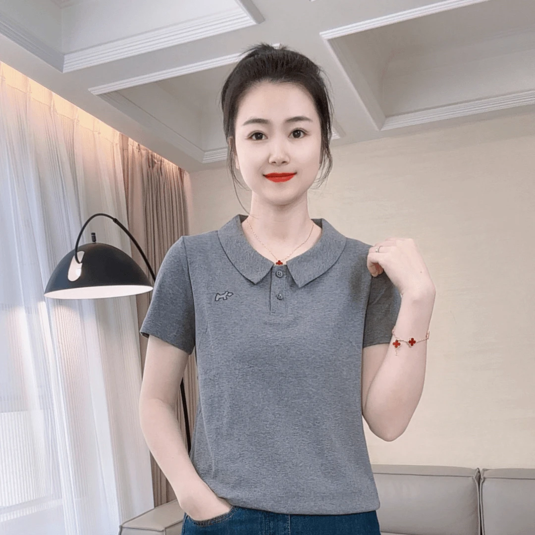 polo领正肩短袖t恤女2025年新款夏装中年妈妈装洋气翻领半袖上衣