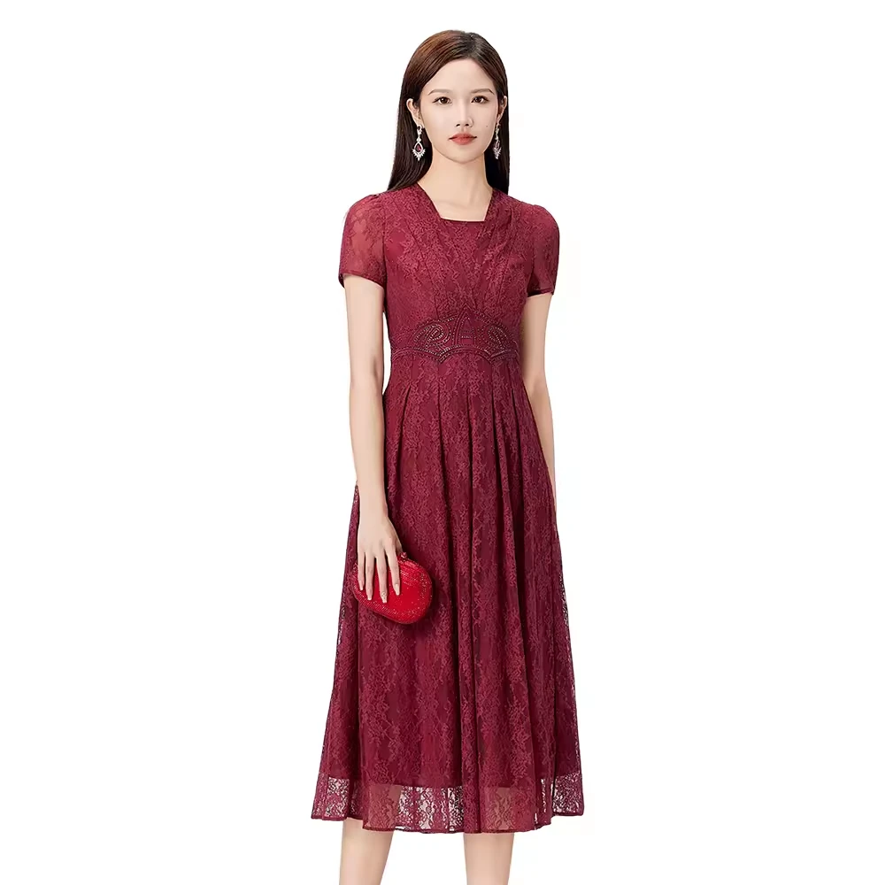 SUSSI/古色25夏酒红色v领刺绣喜装显白通勤连衣裙女装