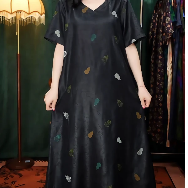 福禄（葫芦）重磅刺绣黑色龟裂纹连衣裙大气