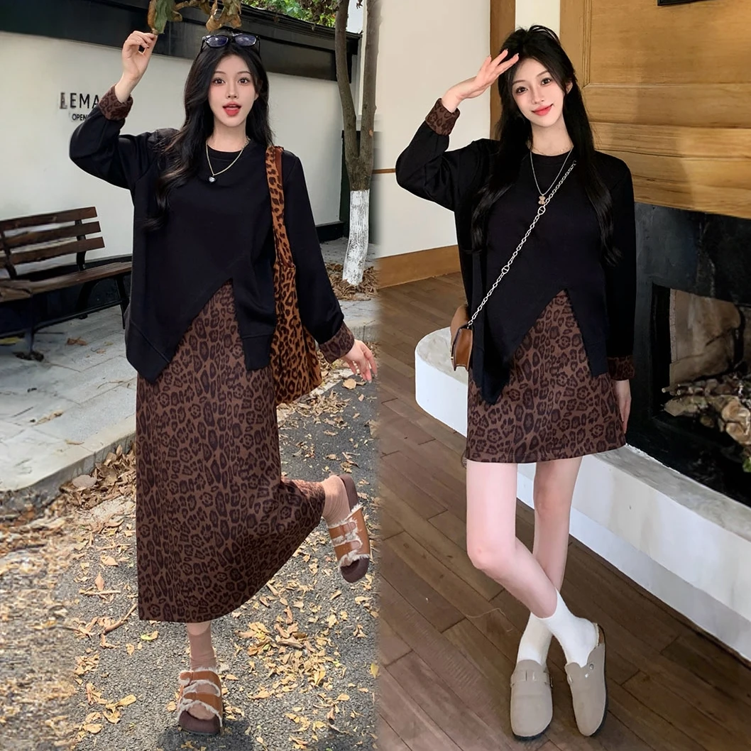 2025秋季新款胖mm大码女时尚闺蜜装不规则上衣麂皮豹纹长短裙套装