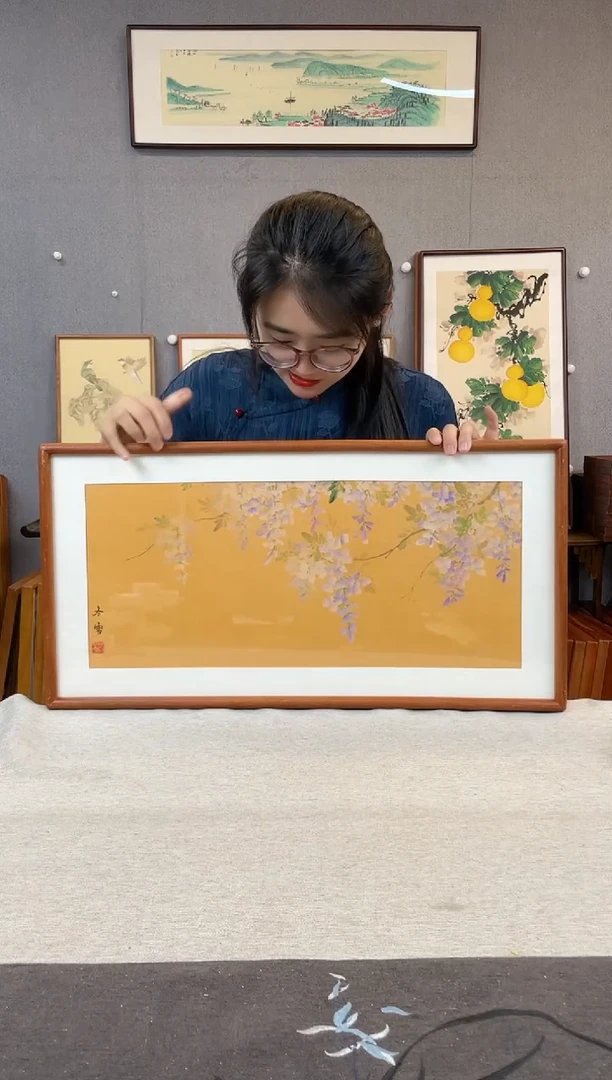 国画手写手绘带框作品-35*68-紫藤