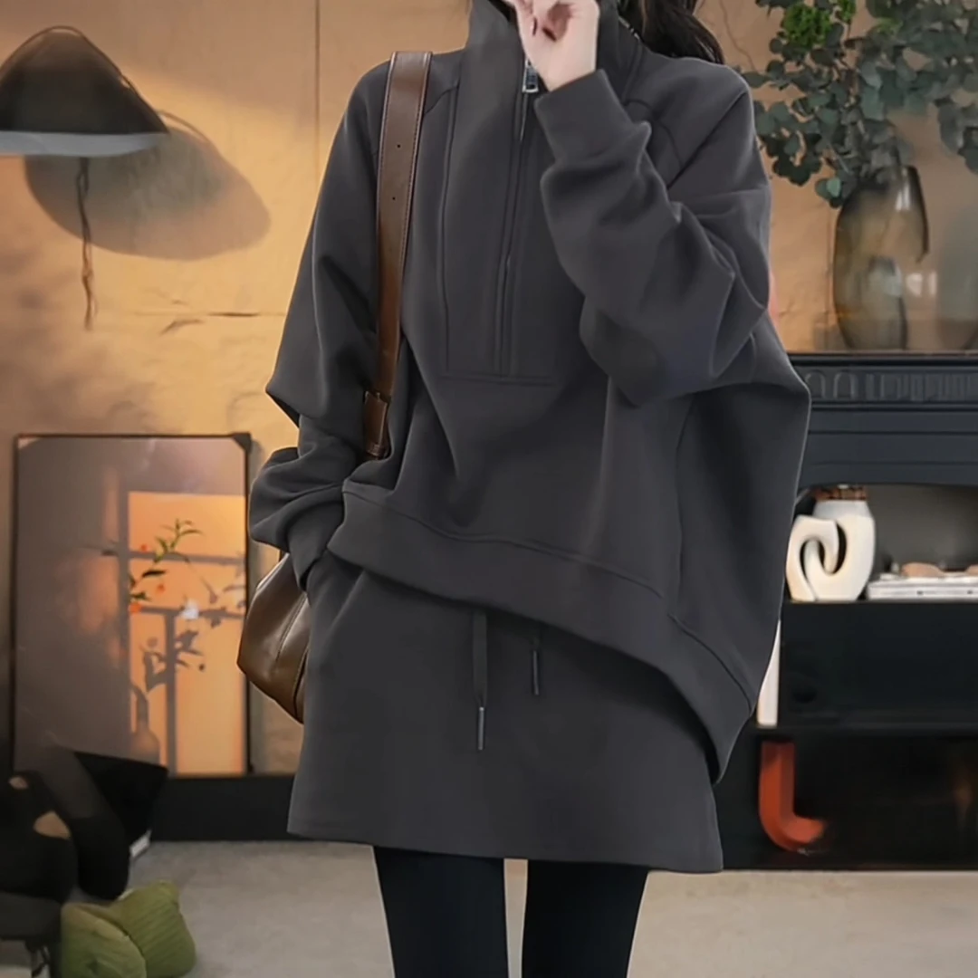 欧货设计感时尚套装女2025秋冬宽松长袖拉链加绒卫衣半裙两件套潮