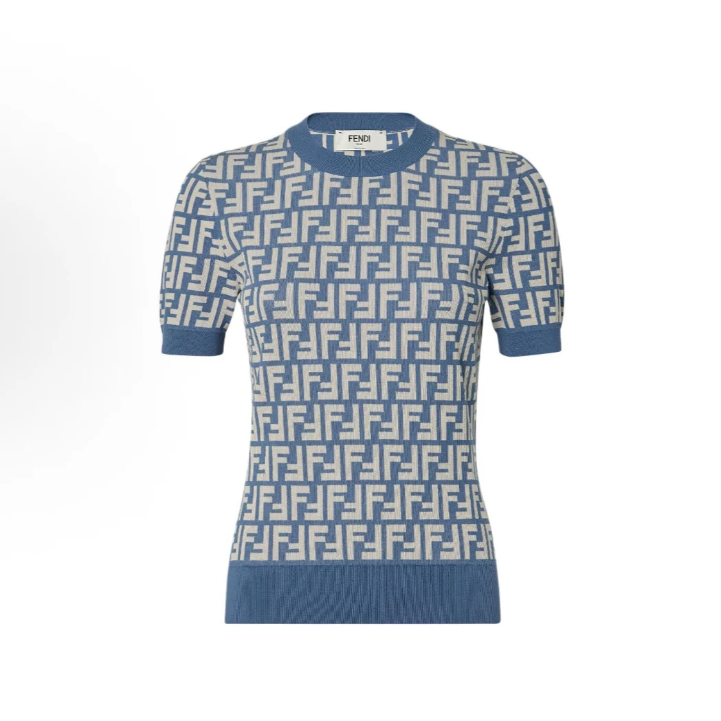 99新 FENDI/芬迪  SS25 棉质圆领短袖毛衣针织衫 女款蓝色