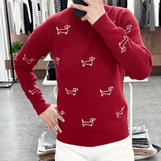 欧货轻奢高品质长袖针织毛衣本命红色秋冬男士休闲圆领打底衫1168