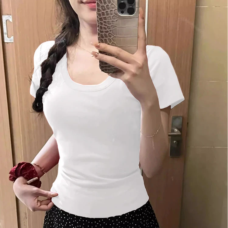 纯欲白色u领正肩短袖T恤女夏季修身显瘦甜辣妹基础款百搭打底上衣