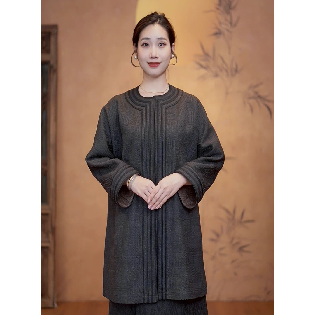 【二十四慢】柞蚕丝老料香云纱棋盘格女士中长款外套休闲时尚复古