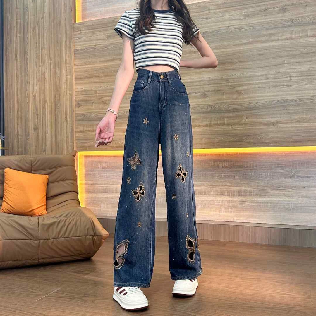 155夏季薄款牛仔裤女设计感镂空刺绣烫钻高腰显瘦窄版阔腿裤长裤