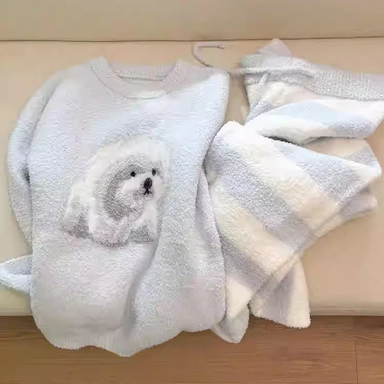 少女软萌可爱小狗印花半边绒睡衣女冬季新款家居加厚加绒大码套装