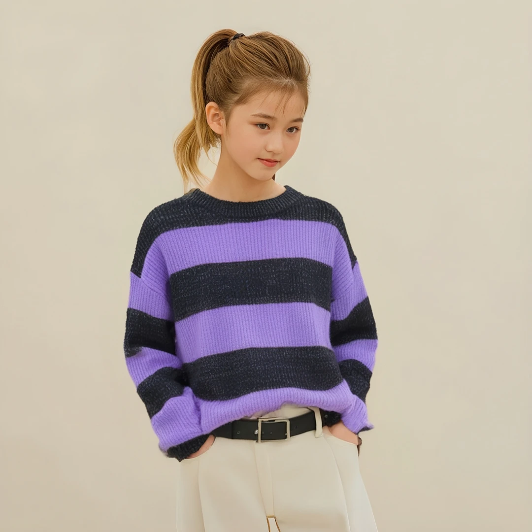 童装圆领秋冬毛衣条纹女童厚款毛衫大童长袖宽松针织衫