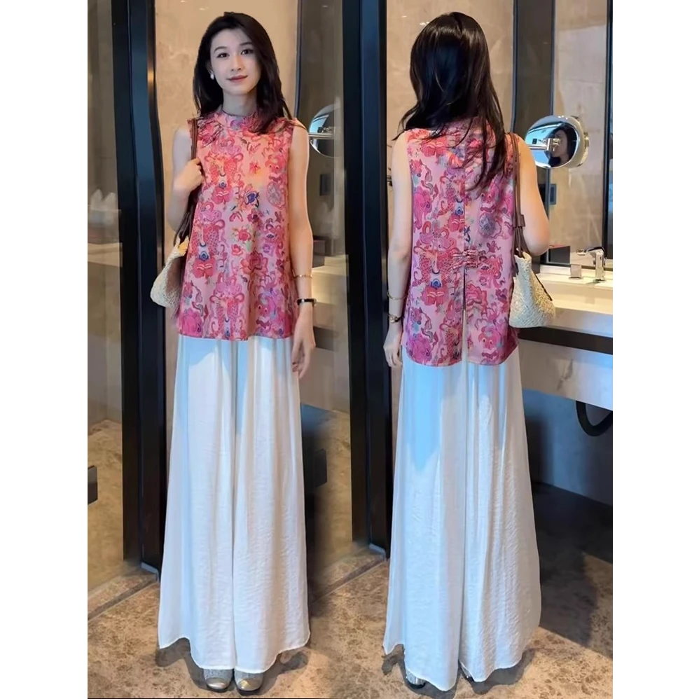 新中式国风套装女夏季新款洋气显瘦无袖印花盘扣衬衫阔腿裤两件套