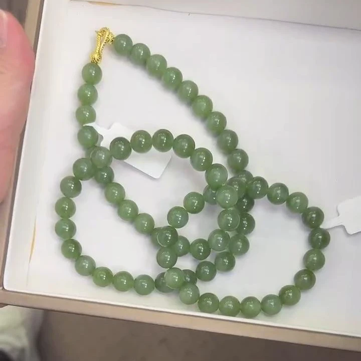 约9-10mm和田玉碧玉粉青猫眼项链搭手串一套多样性发一