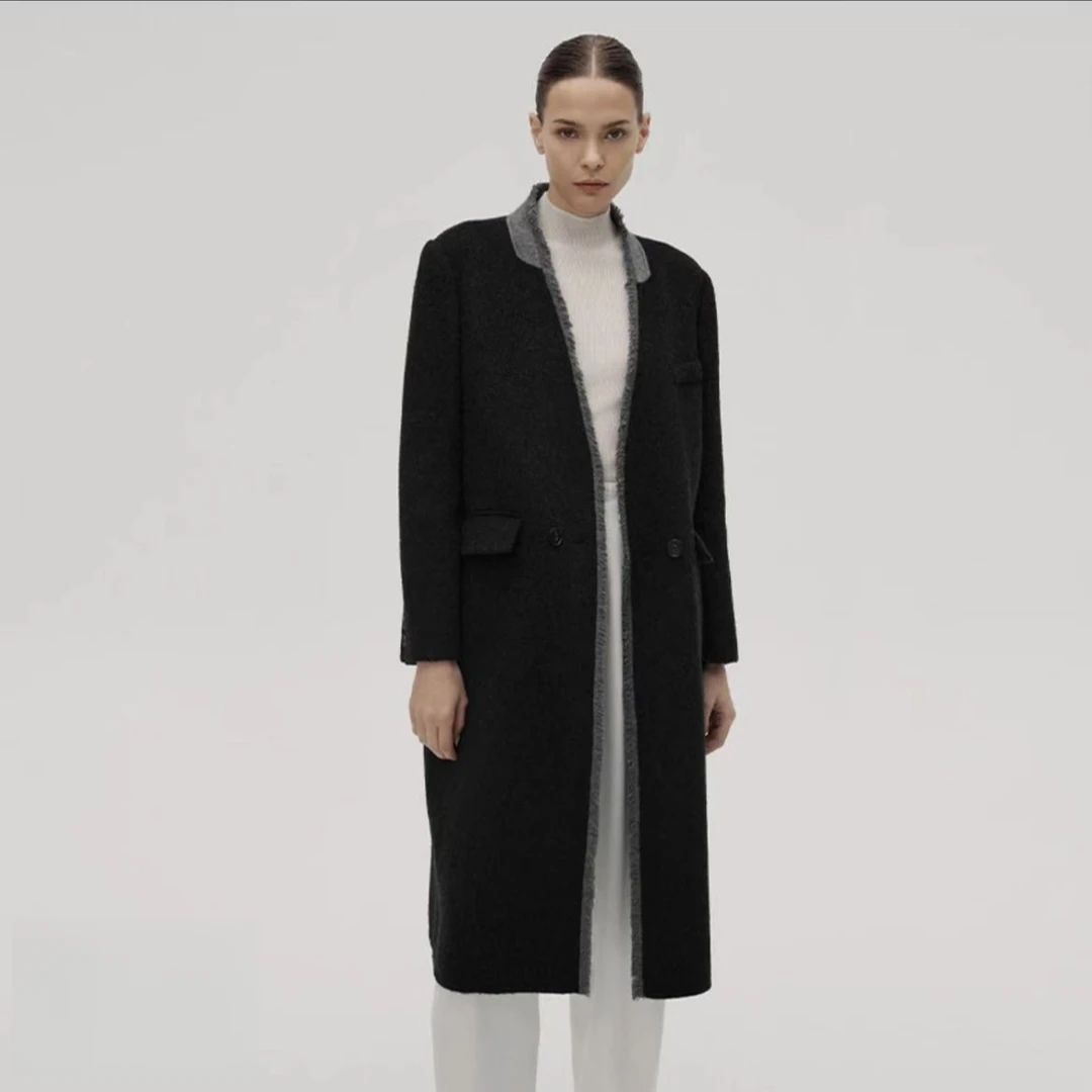 GRONG2024秋冬轻奢双面呢羊毛大衣V领高级感拼接色包边中长款外套