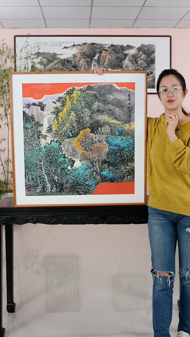 国画张现军《晨曦图》纯手绘檀木/柚木框82*82厘米