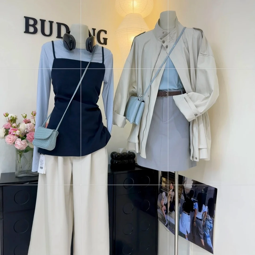 长袖常规款针织落肩袖圆领女T恤短款套装秋冬设计感