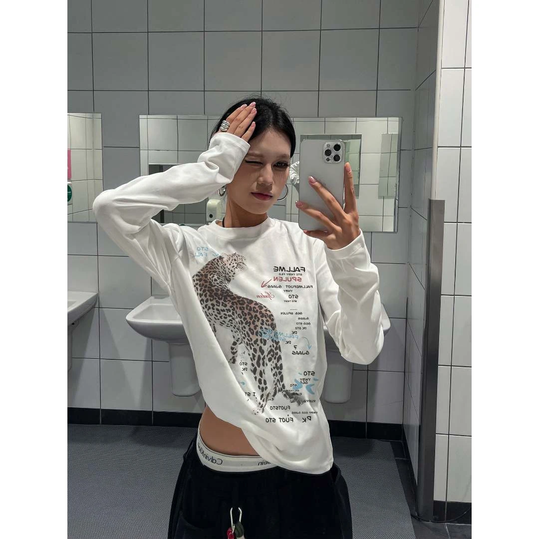 YWBY美式潮牌圆领套头t恤女别致印花设计感宽松时尚早秋长袖上衣