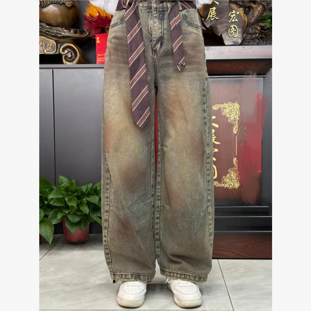 联盟2619渐变做旧风刺绣飘带牛仔弯刀裤