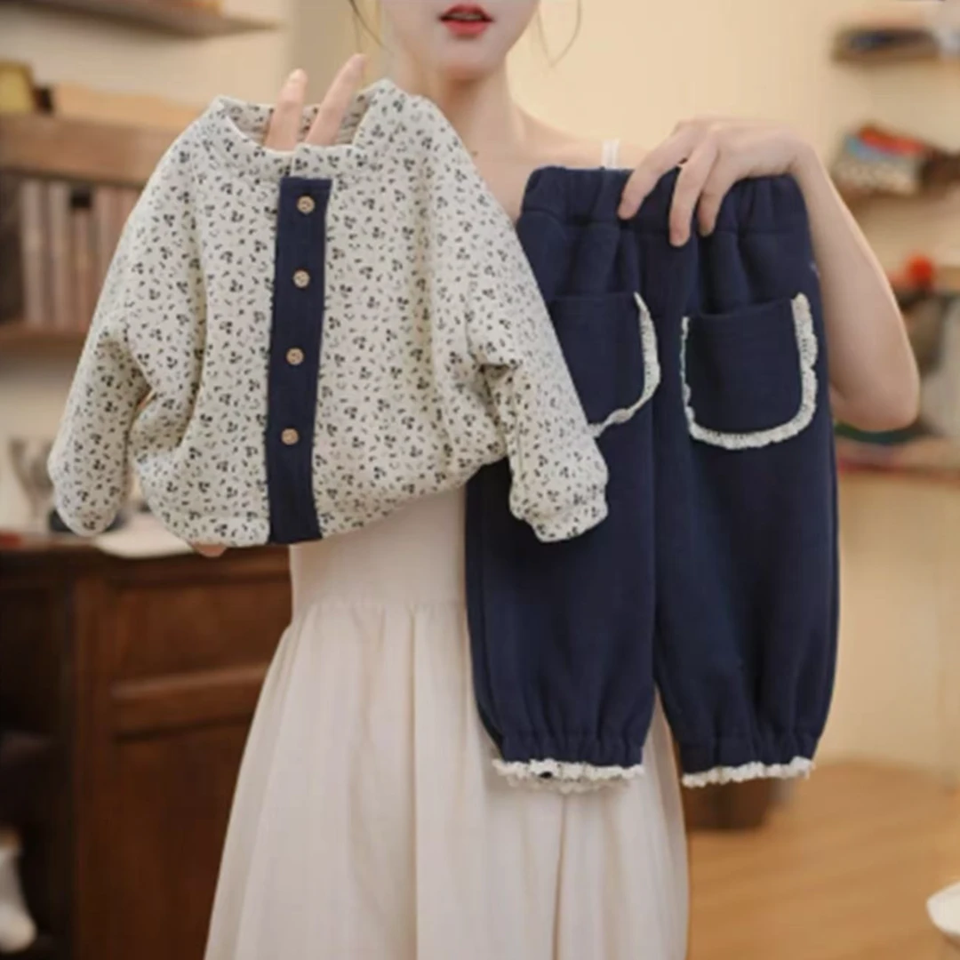 女童森系秋冬套装2025新款韩版童装女宝宝春秋碎花棉服两件套潮