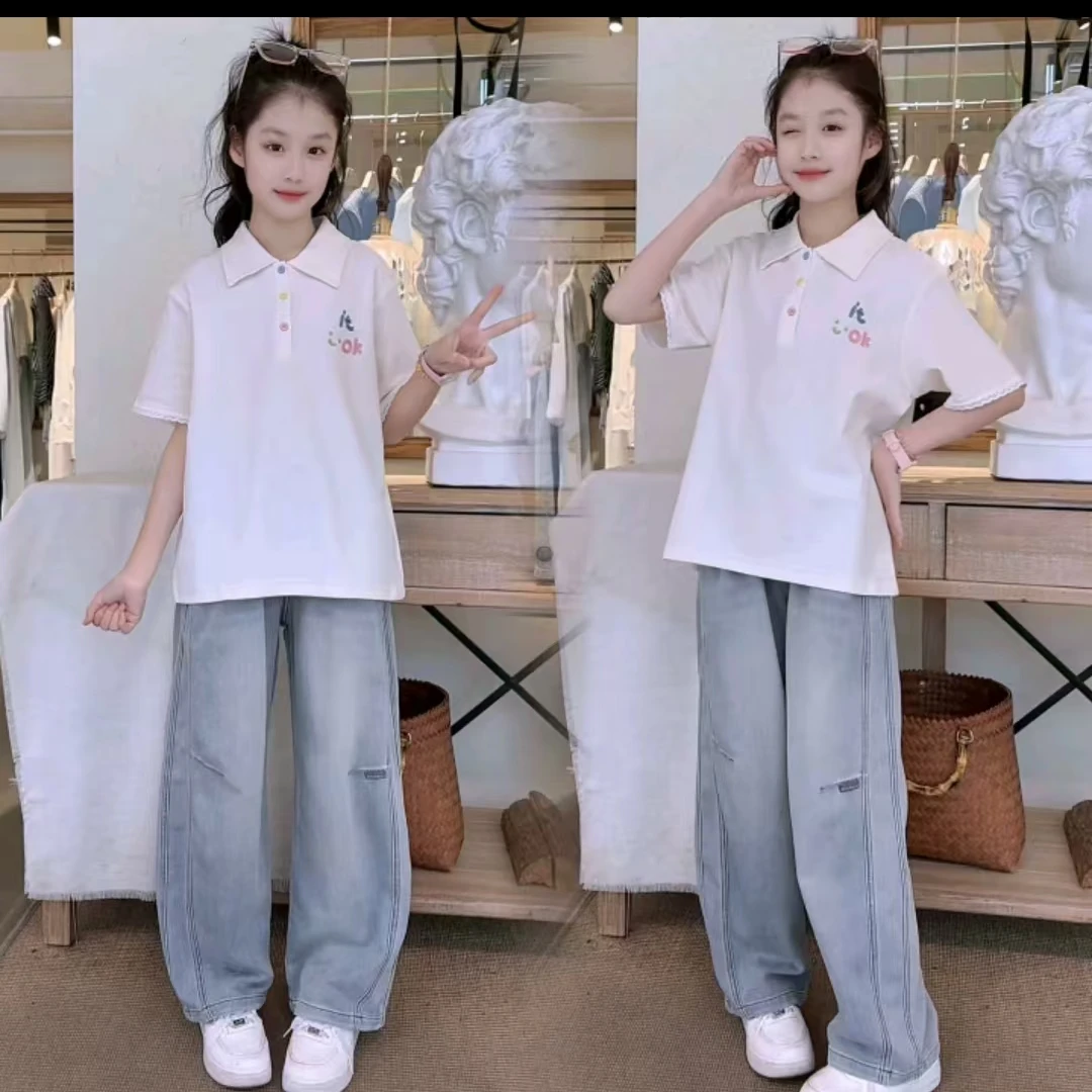 夏季2025新款学院风polo衫短袖t恤ins弯刀牛仔裤套装D