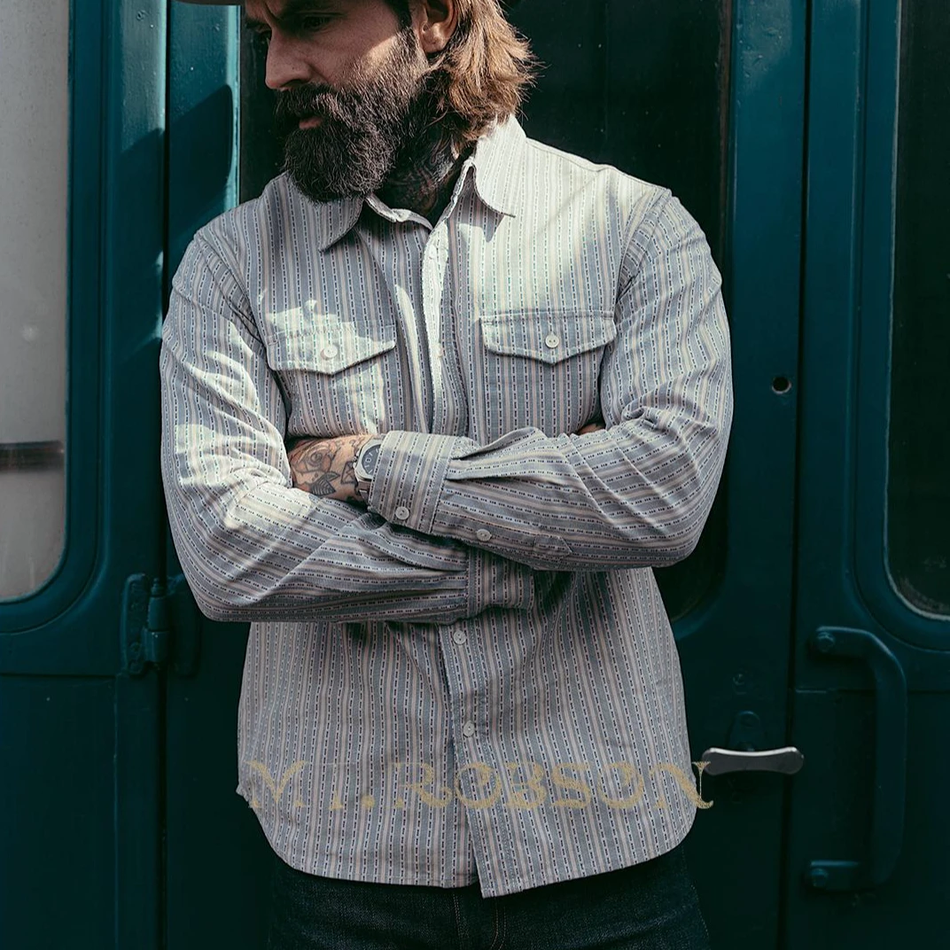 MT.Robson【复古机织 9.8盎司】靛蓝重磅提花长袖男士美式工装衬衫