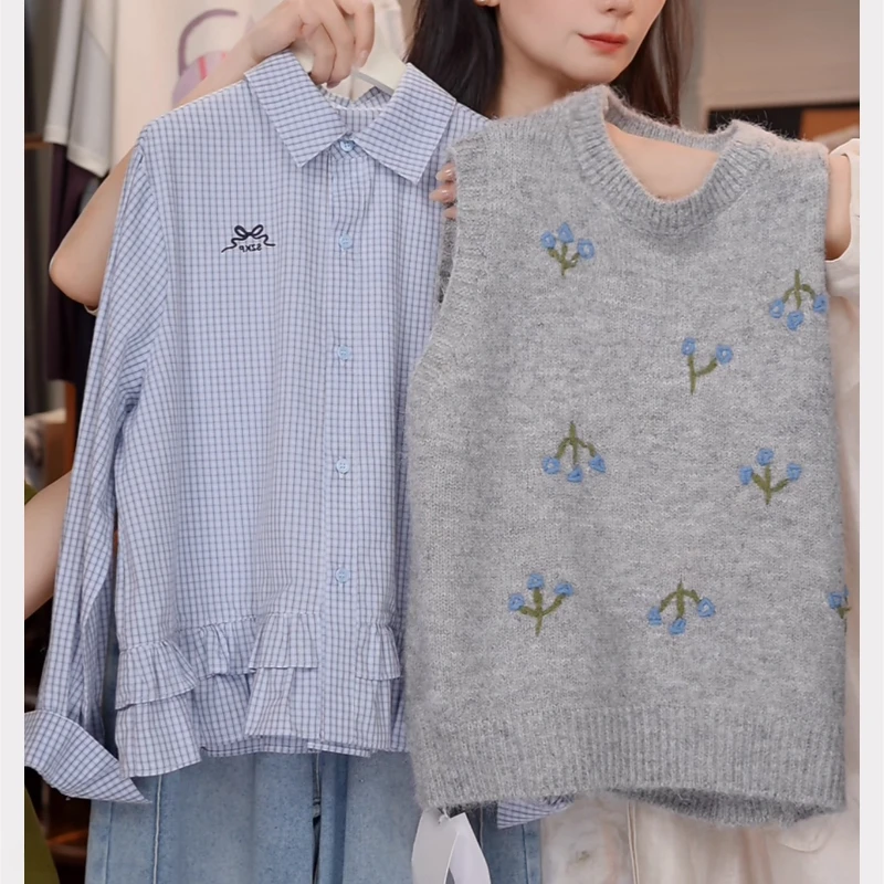 女童格子衬衫碎花马甲套装春秋2025新款大童花边长袖针织背心甜美