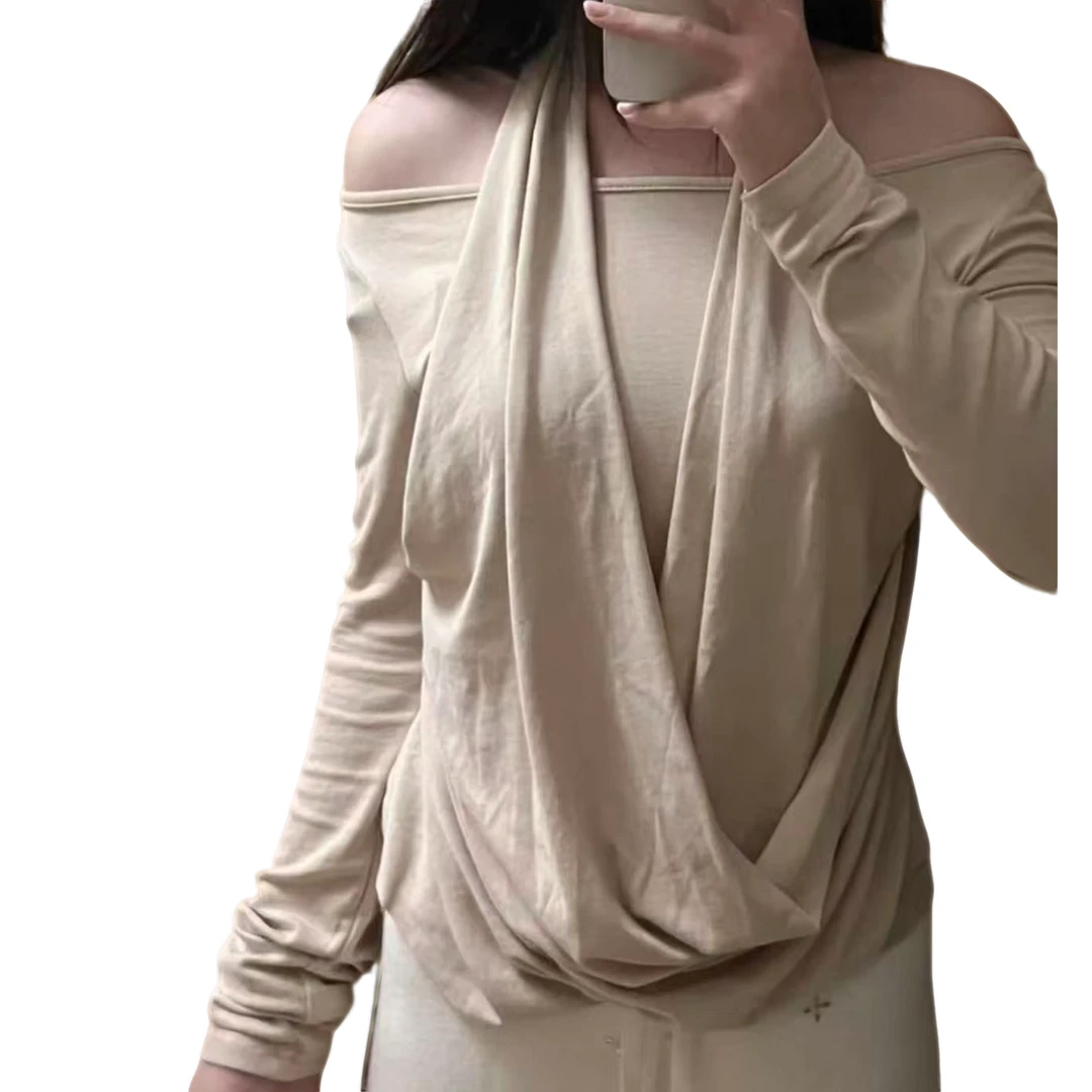 春秋纯欲辣妹胖MM微胖大码挂脖露肩长袖打底衫性感遮肉显瘦上衣女