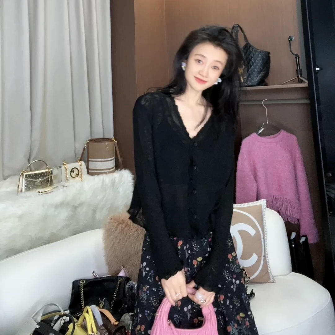 木耳边V领长袖针织防晒开衫女百搭宽松上衣