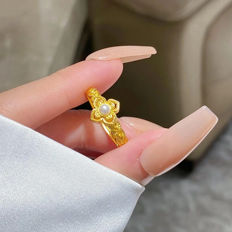铜合金戒指 如意花丝珍珠开口戒指轻奢精致时尚送女
