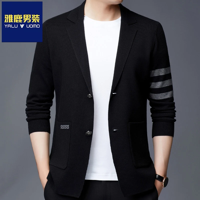 雅鹿高档秋冬新款针织衫潮流开衫男士中年休闲修身西装外套上衣