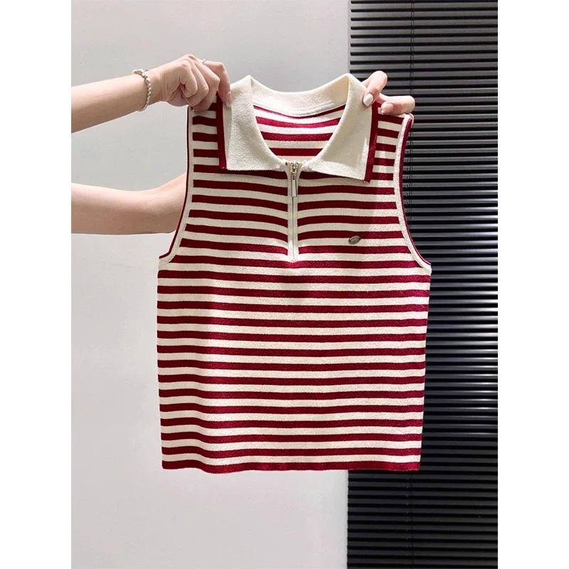超气质温柔!撞色条纹背心女2025夏新款半拉链POLO领修身无袖上衣