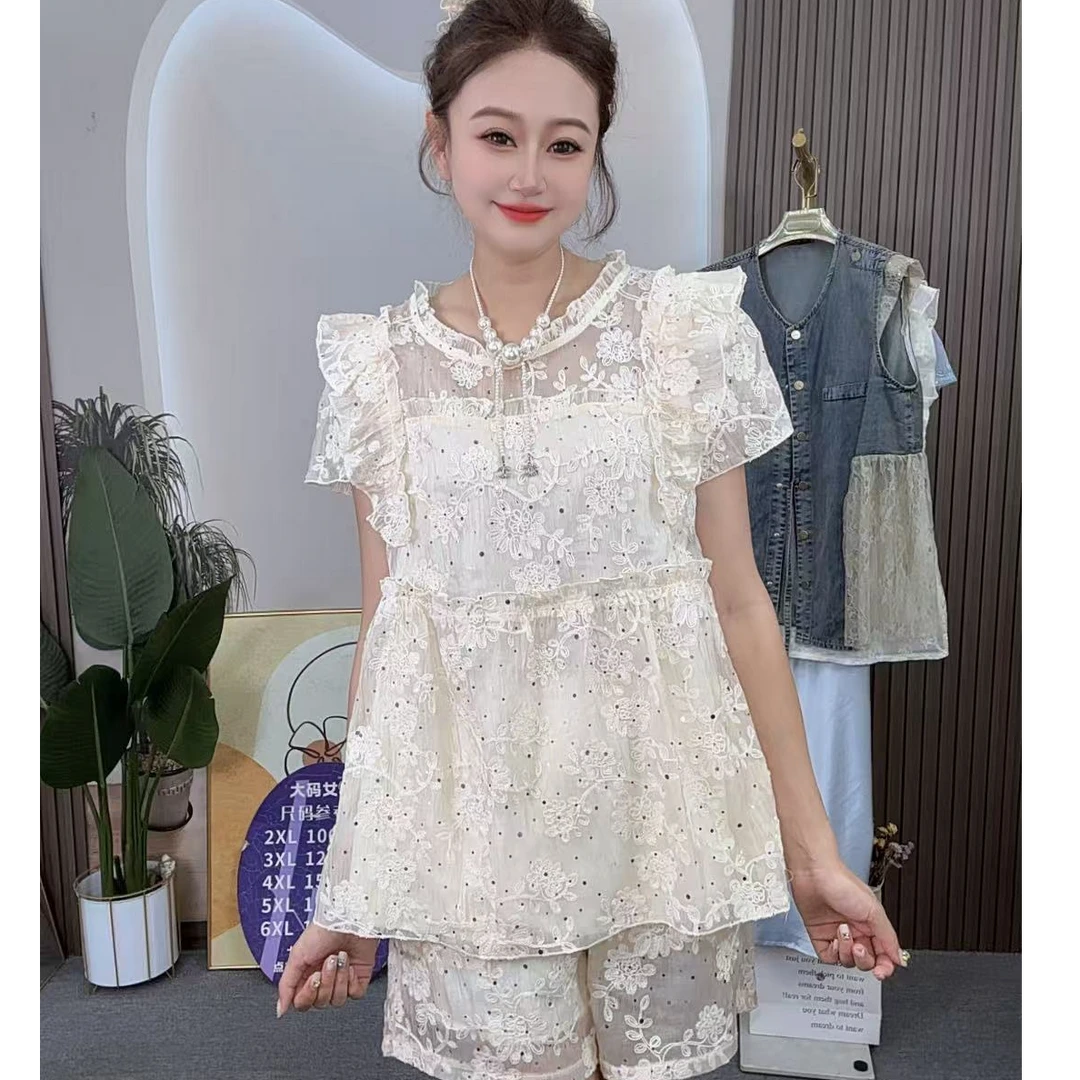 胖MM夏季辛苦重工亮片清凉藏肉大码显瘦两件套