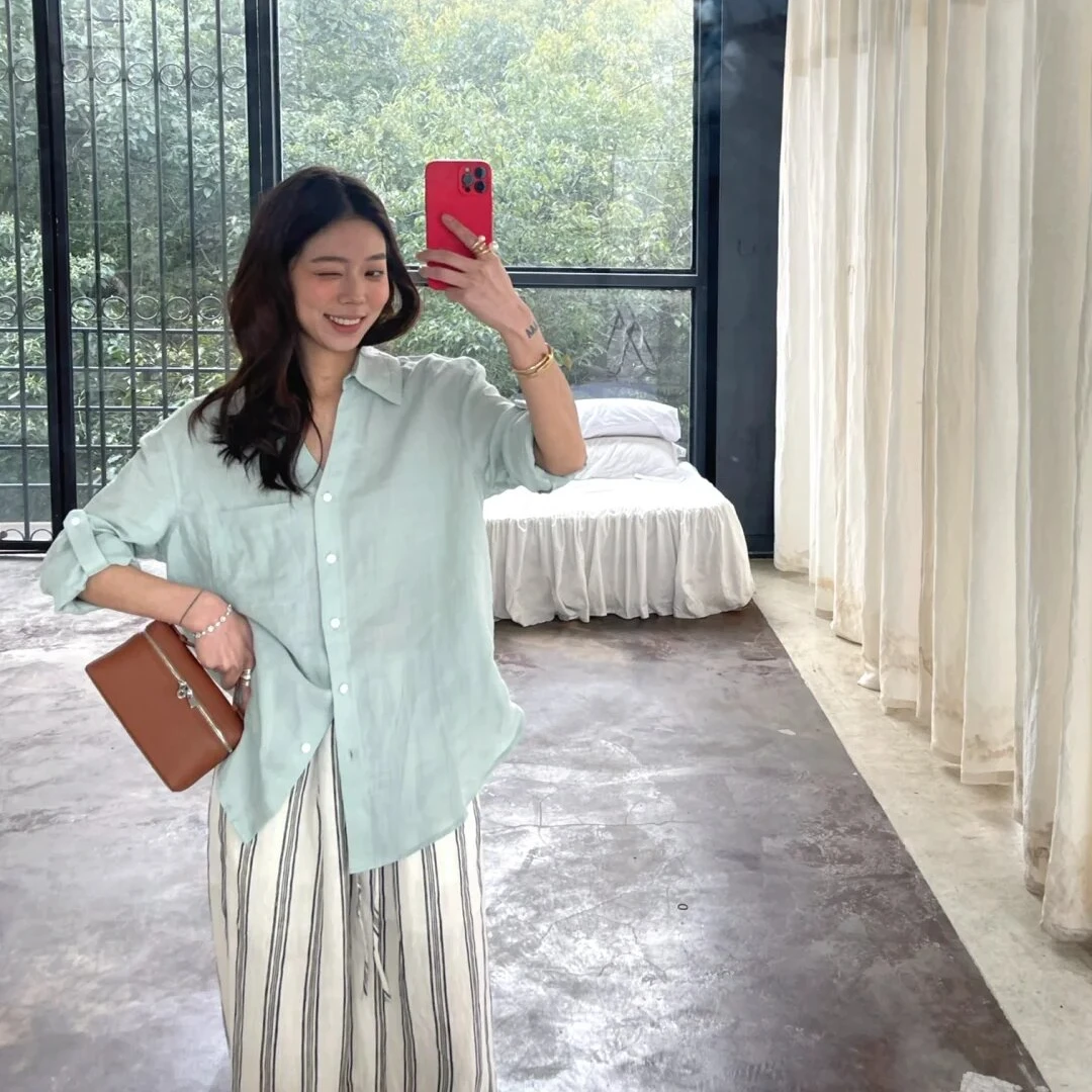 夏季新款小清新棉麻衬衫  薄荷绿清新V领显瘦宽松衬衫女