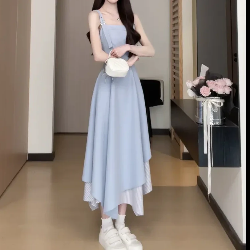 英伦风不规则设计裙摆可调节背带连衣裙子女装无袖收腰显瘦连衣裙