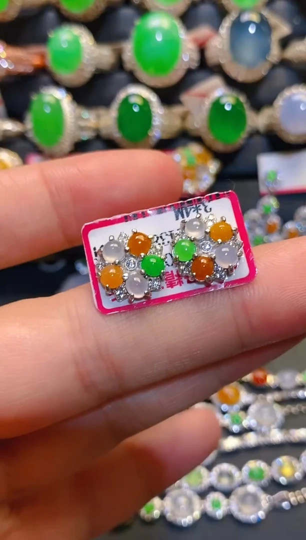 银S925镶嵌翡翠耳饰天然1