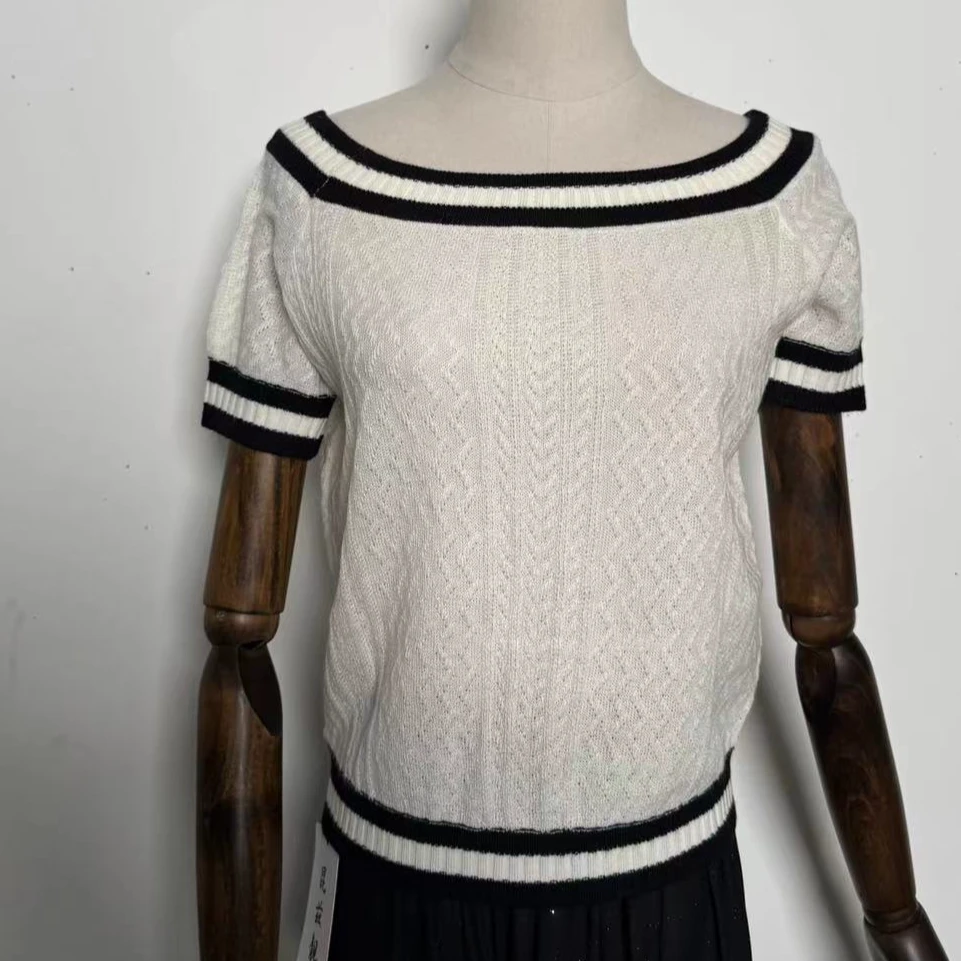 1577小香风短款针织一字肩显瘦百搭设计上衣T恤