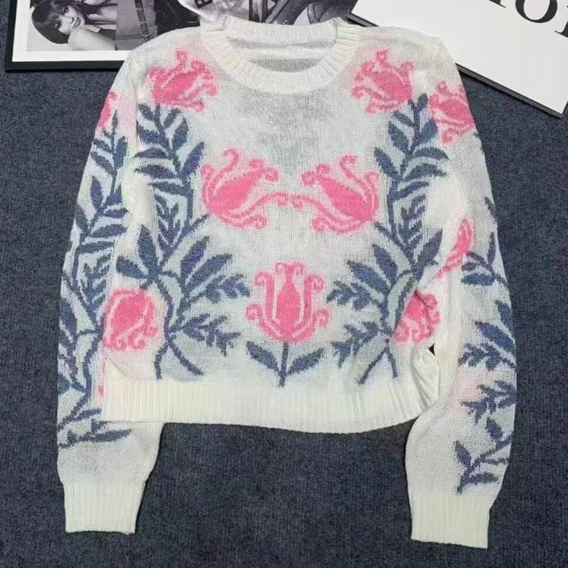 RAQZZ08042时尚手工提花圆领宽松毛针织衫女2024年秋冬新款毛衣